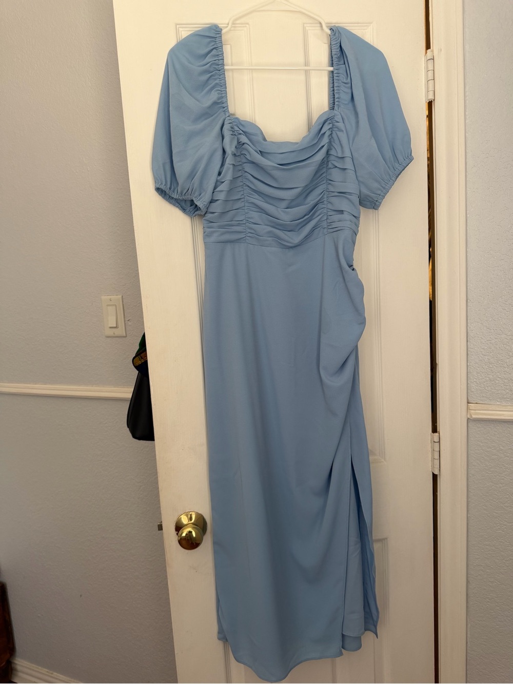 French Connection Sky Blue Ruched Puff-Sleeve Maxi Dress